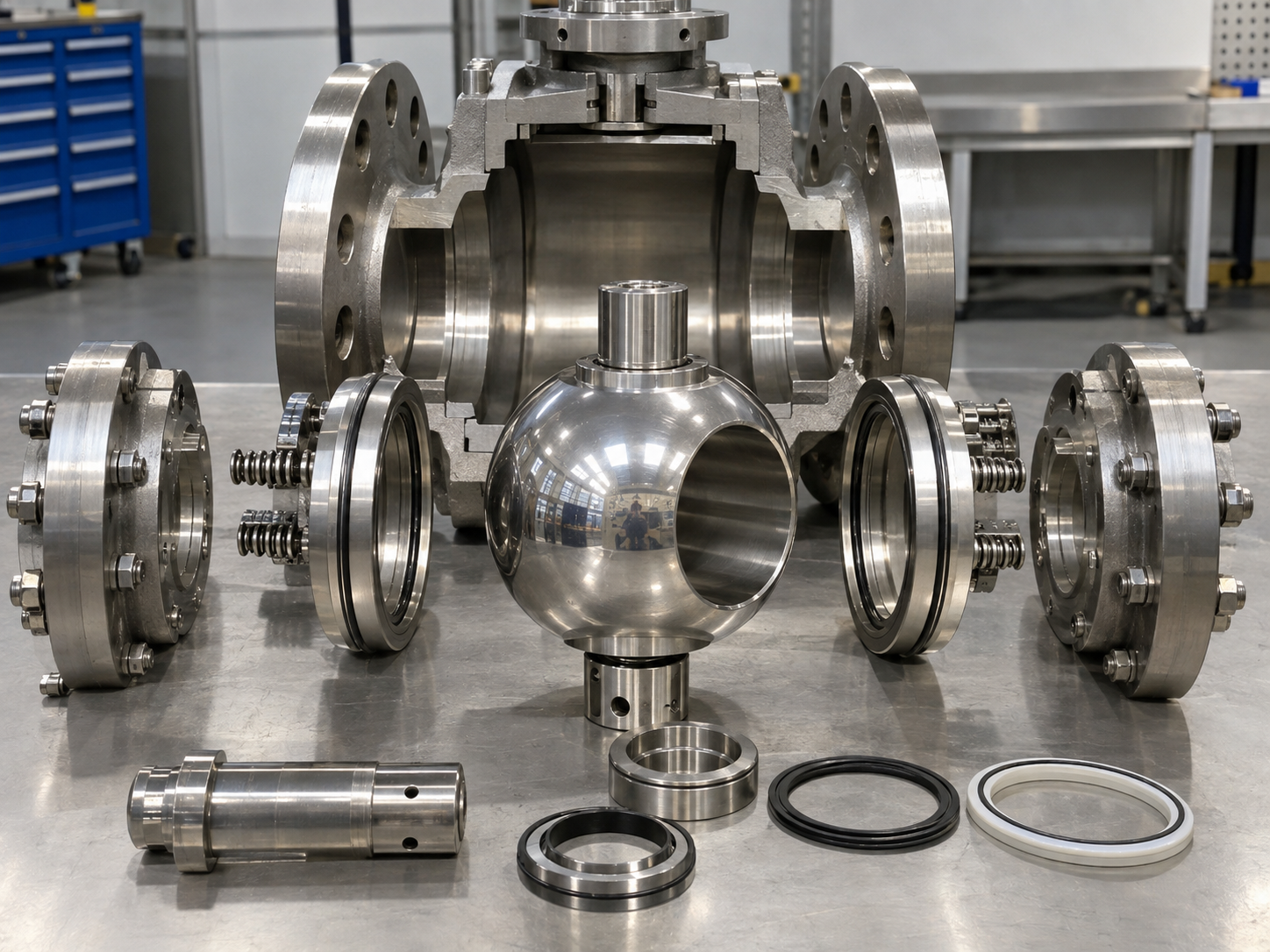 Trunnion ball valve cross section showing fixed ball seats stem and lower trunnion