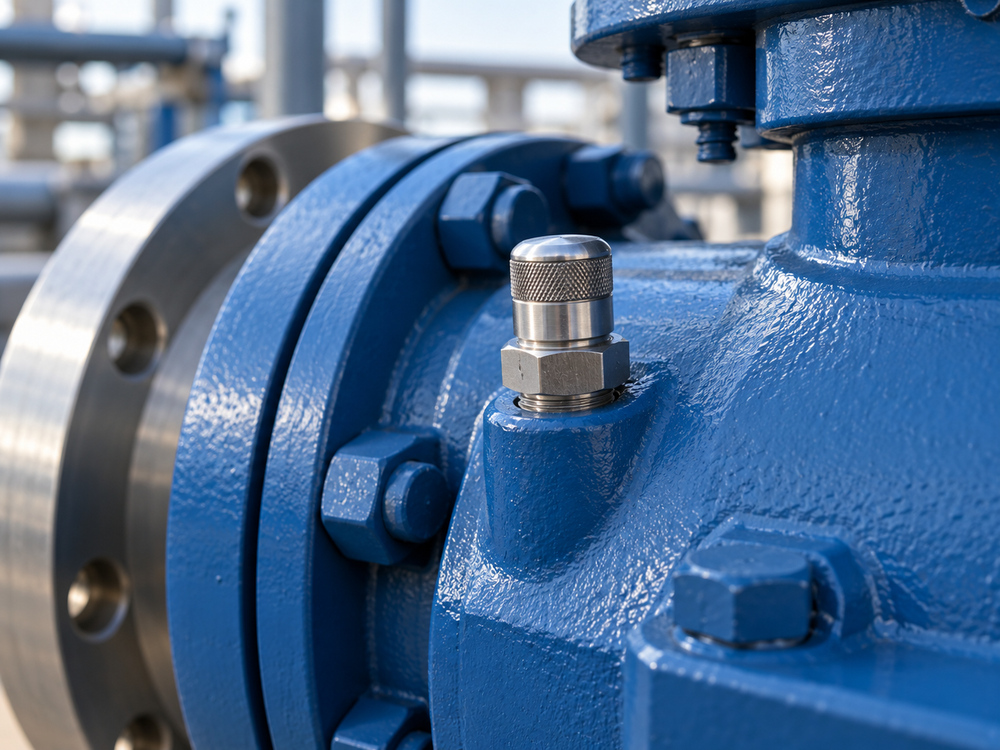 Exterior maintenance connection on an industrial trunnion ball valve