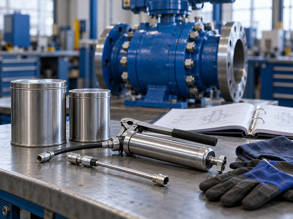 Valve maintenance consumables beside inspection documentation on a workshop bench