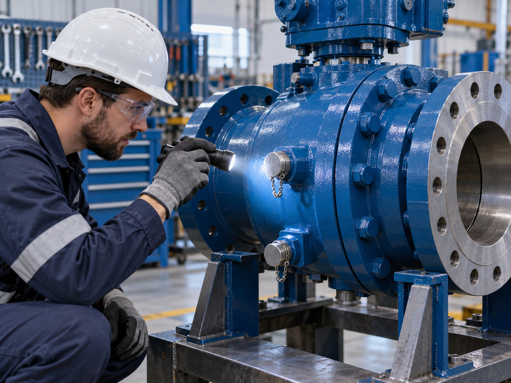 Maintenance technician inspecting a trunnion ball valve in an industrial workshop