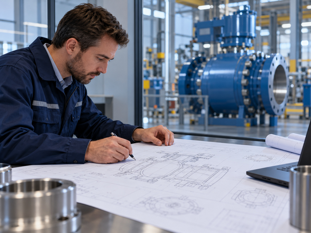 Engineer reviewing valve drawings and a maintenance specification