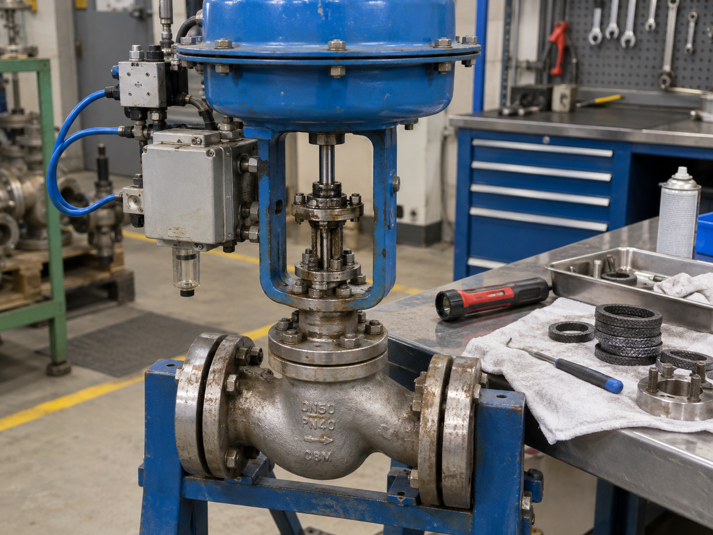 Industrial valve failure inspection in a professional valve workshop