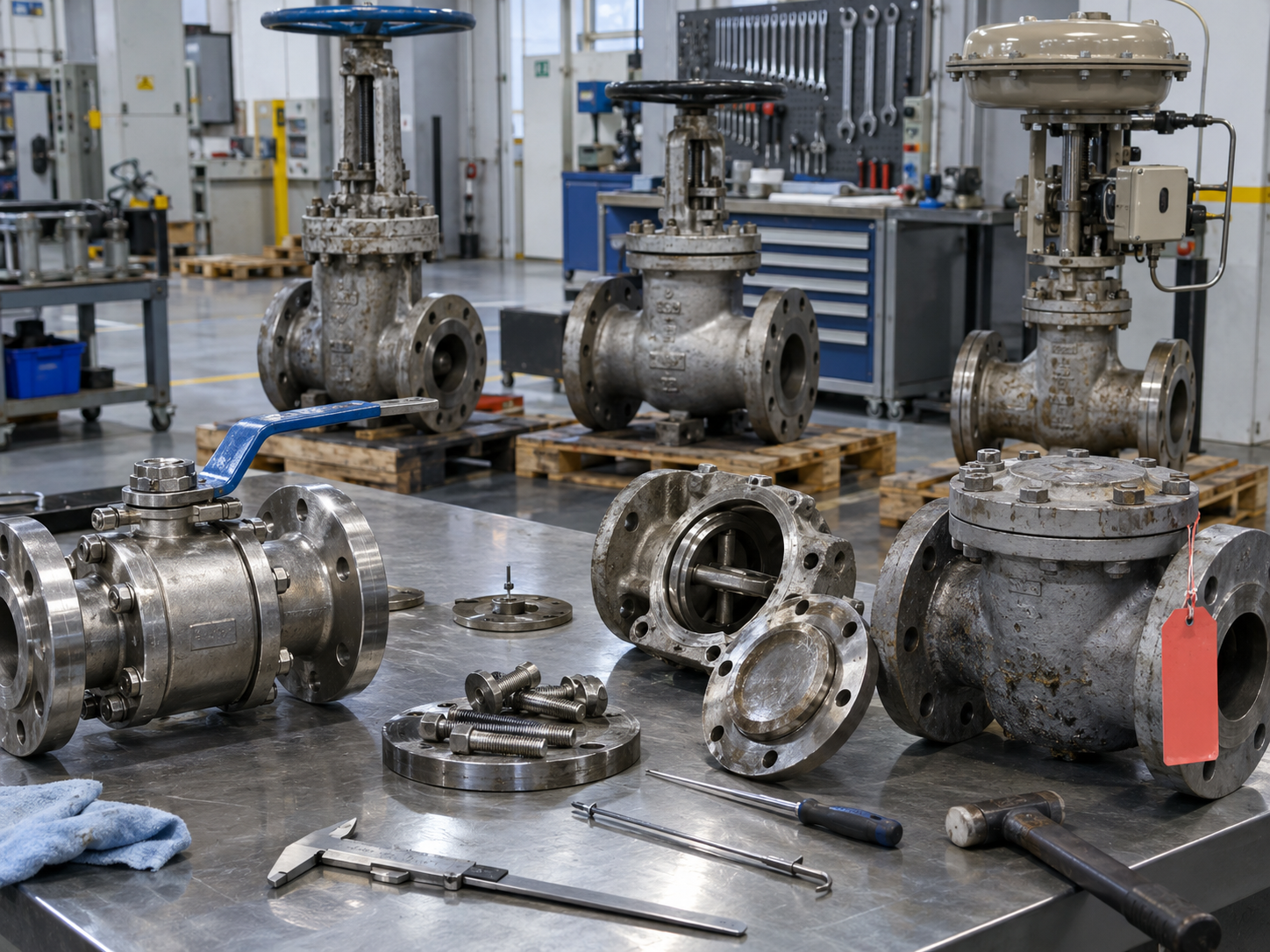Automated industrial valve actuator package undergoing functional inspection