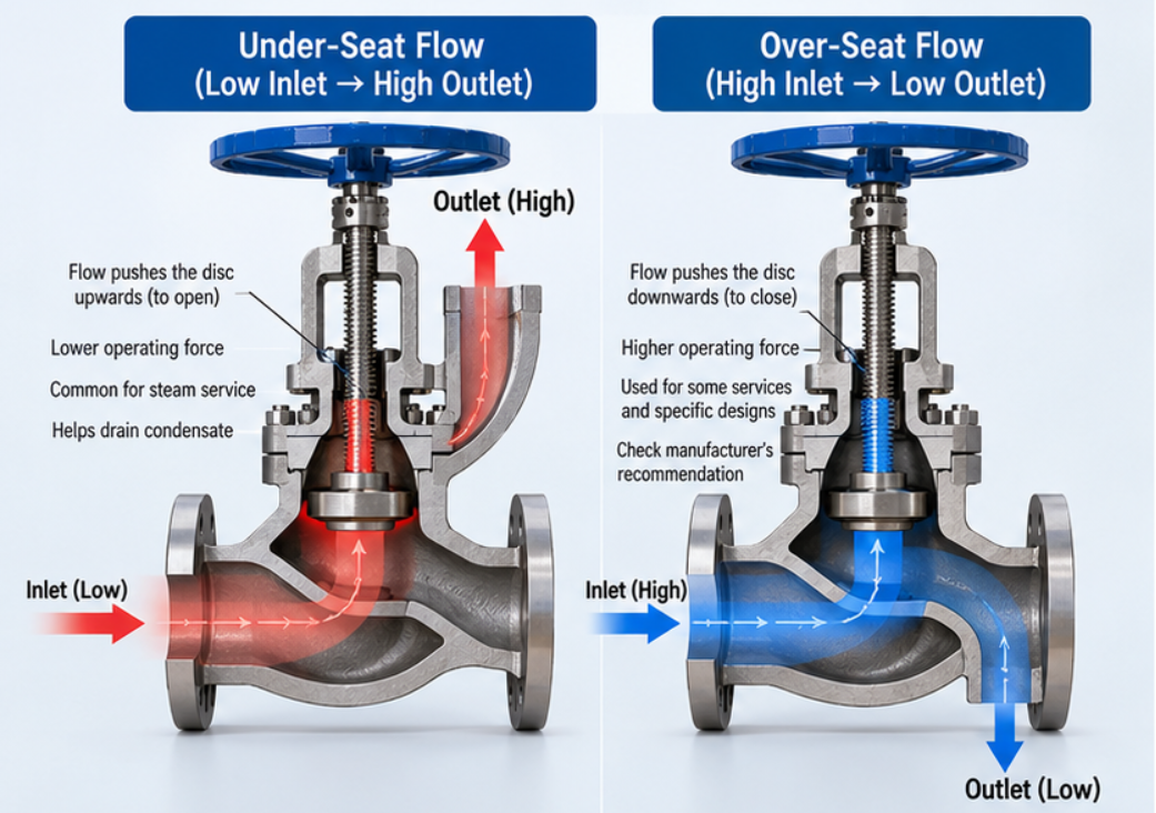Steam pipeline globe valve with visible manufacturer flow direction arrow