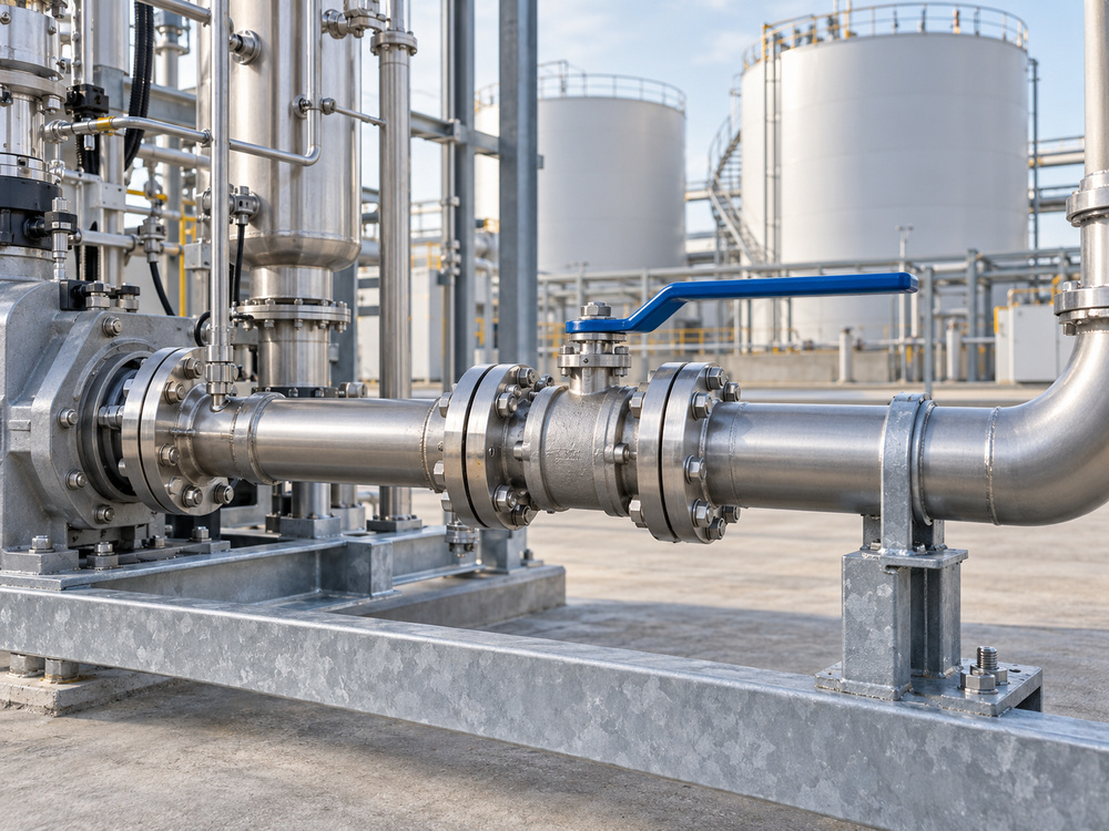 Flanged stainless steel ball valve installed on a chemical tank transfer skid