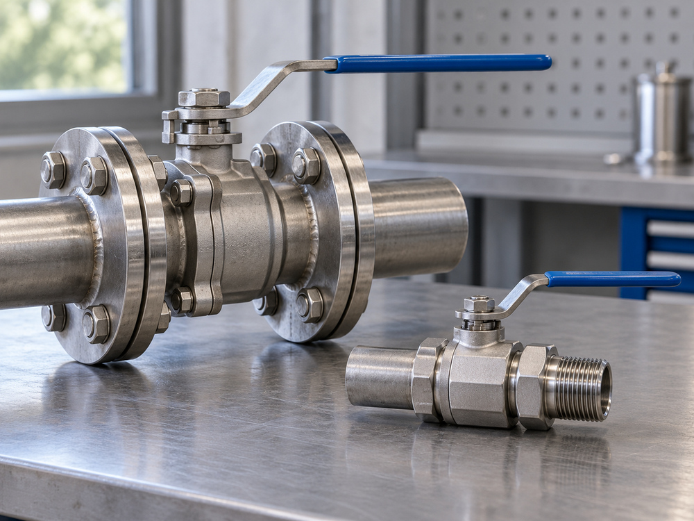 Stainless flanged ball valve with pipe spool beside a smaller threaded ball valve with pipe nipple