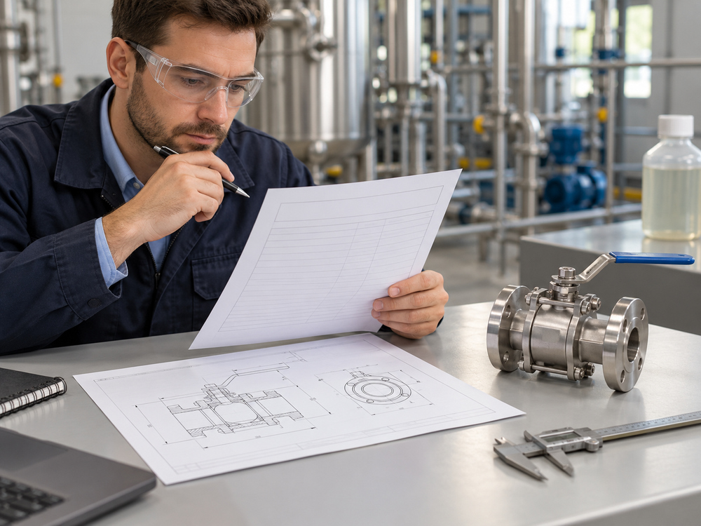 Engineer reviewing a chemical ball valve enquiry datasheet and drawing beside a stainless valve