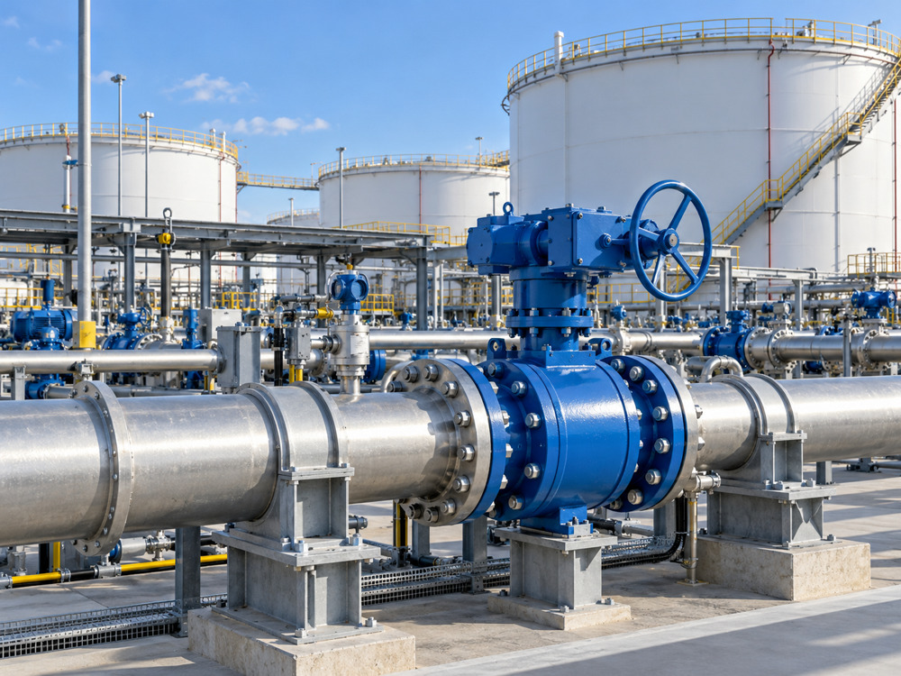 Flanschkugelhahn an einem Tankstellen-Transferpumpengestell mit dahinter liegenden Lagertanks