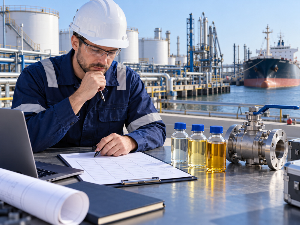 Ingenieur überprüft Dokumente und Proben zur Kraftstoffzusammensetzung für die Beschaffung von Benzinventilen