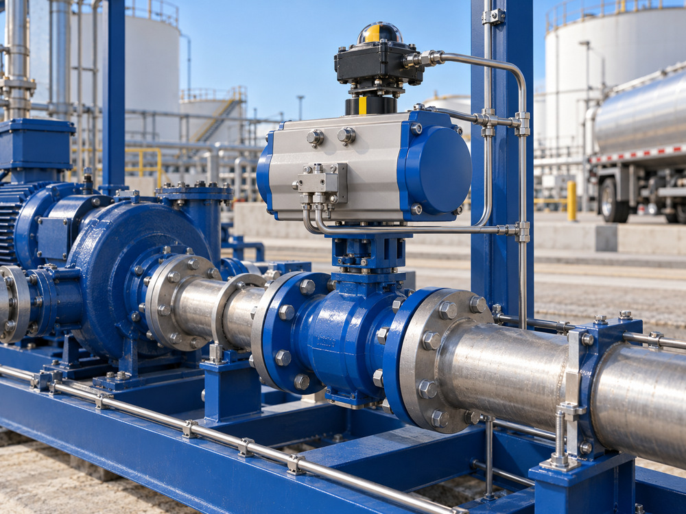 Pneumatisch betätigter Kugelhahn mit Luftschlauch auf einem Benzin-Umfüllpumpengestell