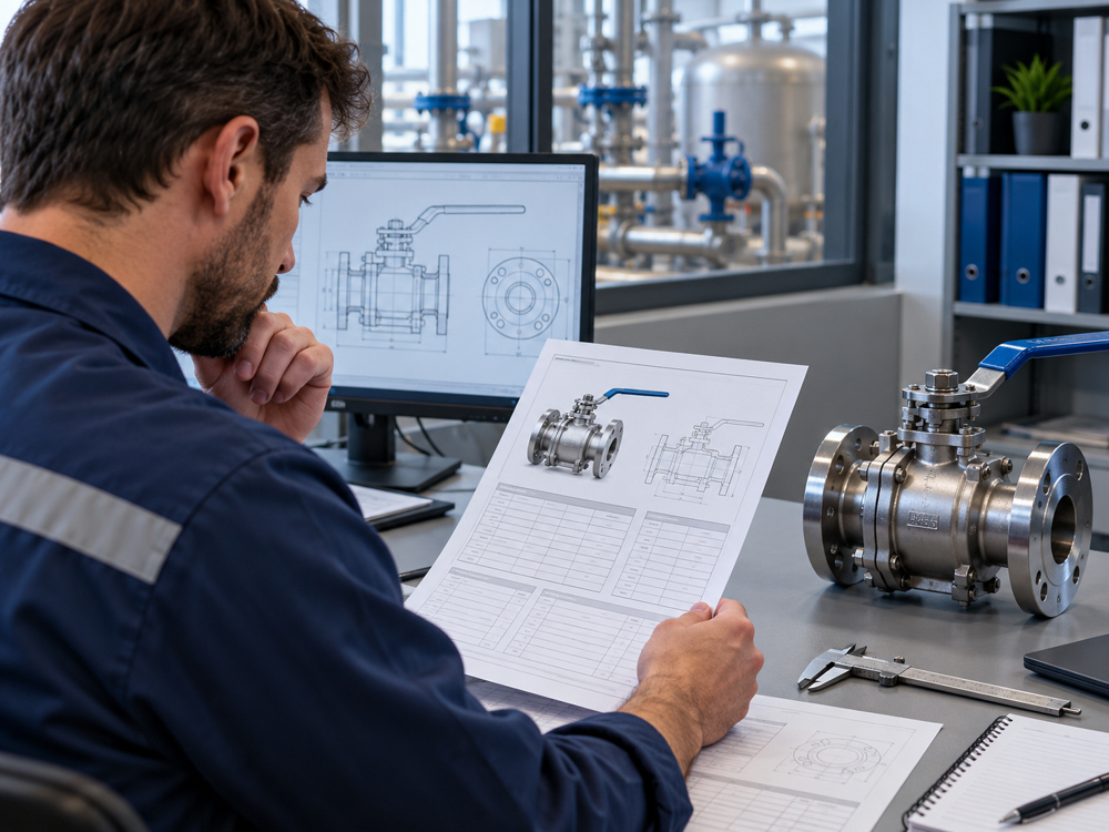 Engineer reviewing a steam ball valve duty sheet and purchasing documents