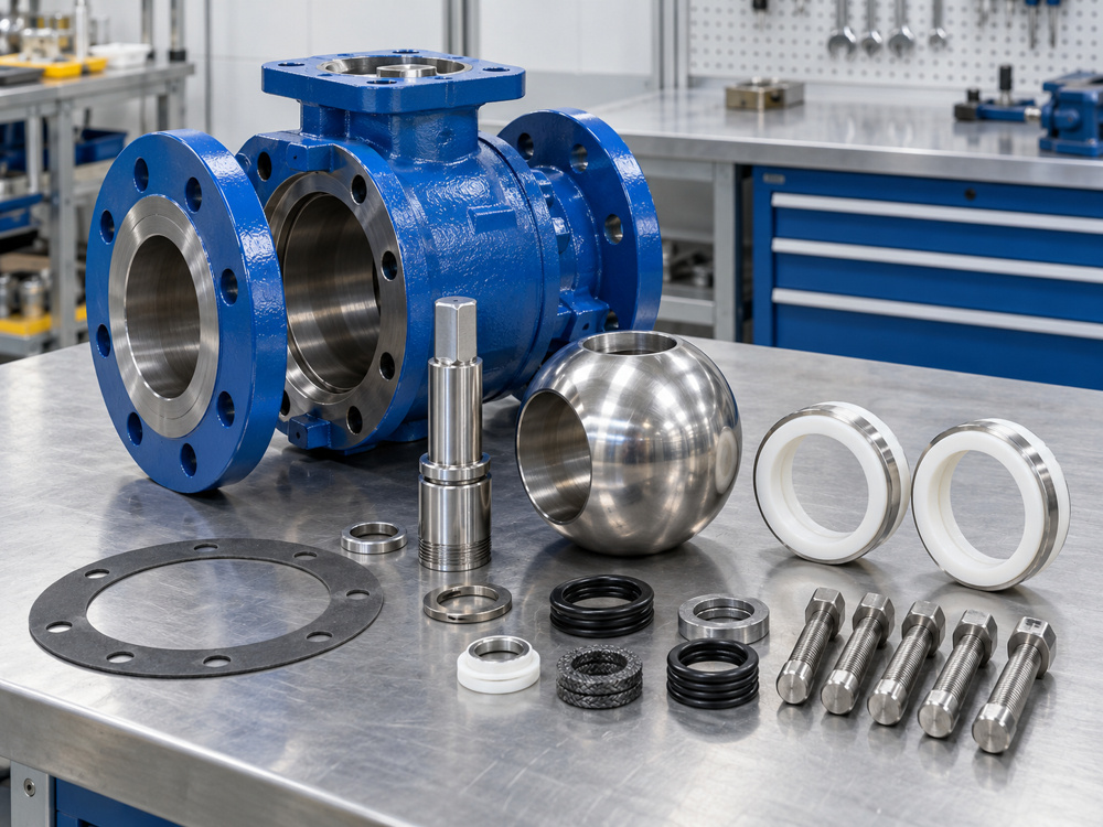 Ball valve components including ball seats stem packing and body gasket on an inspection bench