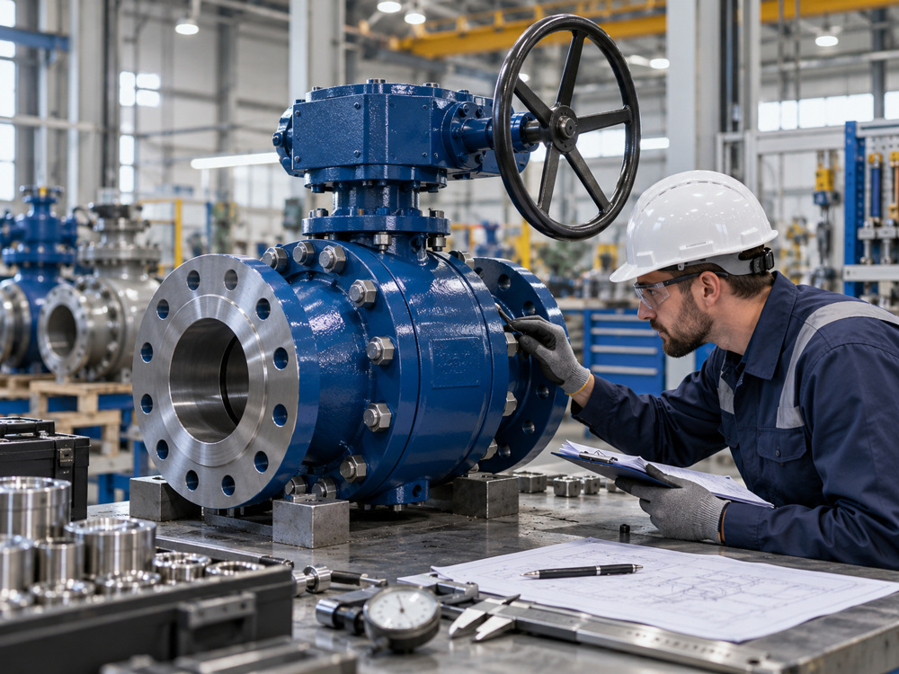 Factory inspector reviewing a flanged ball valve and its technical inspection documents