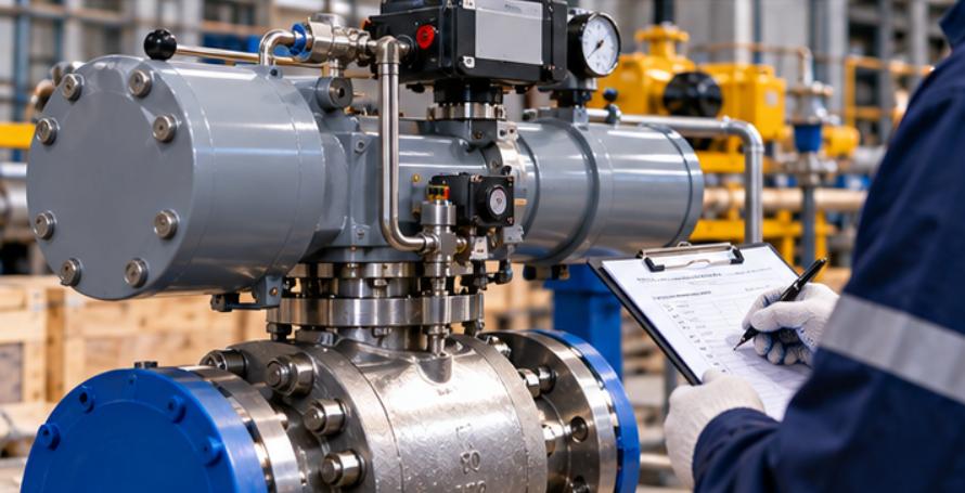 Receiving inspector checking ball valve flange covers nameplate and protective packing
