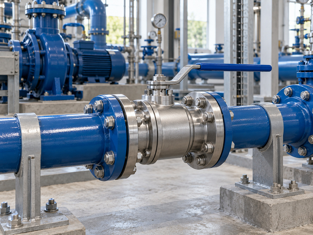 Stainless steel flanged ball valve in an industrial water pumping manifold