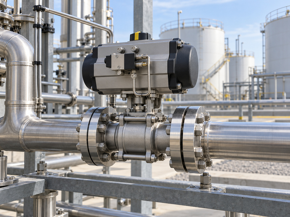 Actuated stainless steel ball valve installed on a chemical transfer skid
