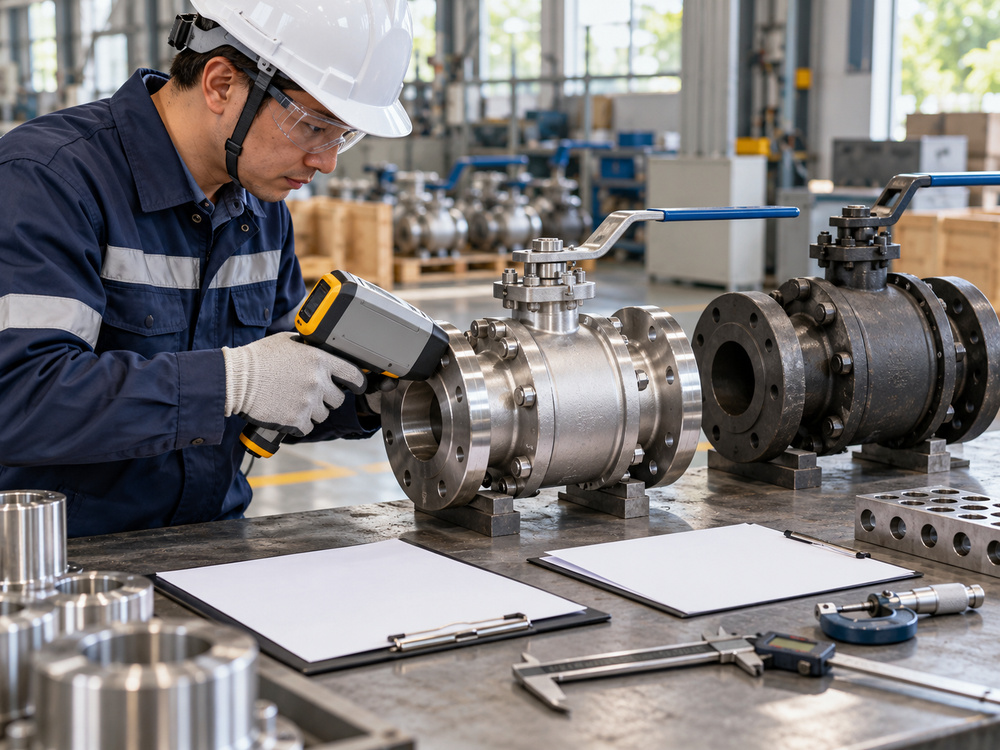 Factory inspector verifying ball valve alloy with a handheld analyzer beside inspection documents
