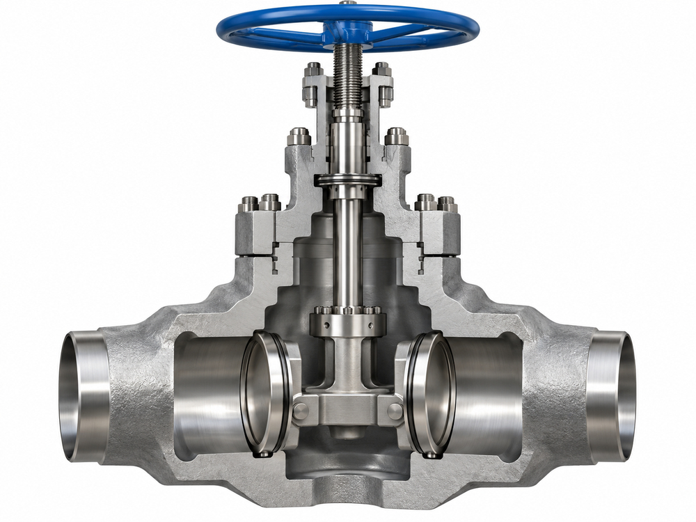 Concept section showing double discs parallel seats and pressure seal bonnet for a gate valve
