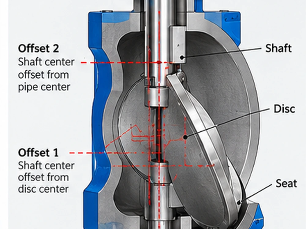 Double eccentric butterfly valve showing offset shaft and disc sealing geometry