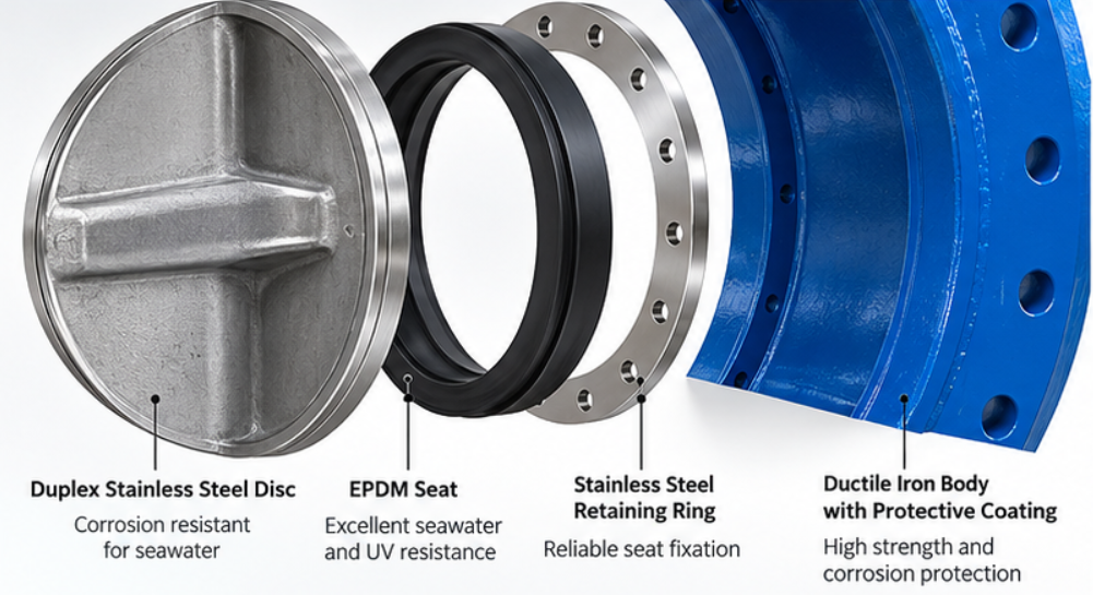 Duplex stainless steel butterfly valve disc with EPDM seat and coated ductile iron body