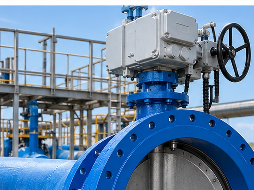 Electric actuator and gearbox on a large double eccentric butterfly valve