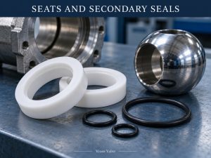 Polymer valve seat rings and elastomer O-rings beside a stainless steel ball