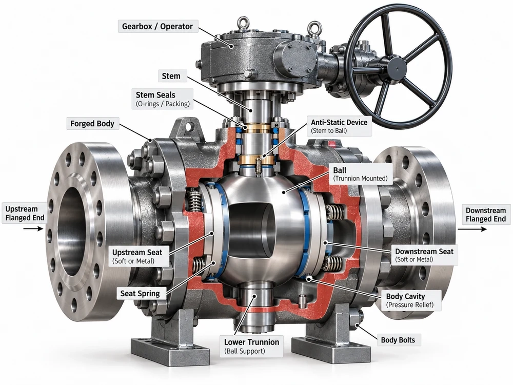 High pressure trunnion ball valves in an oilfield gathering station