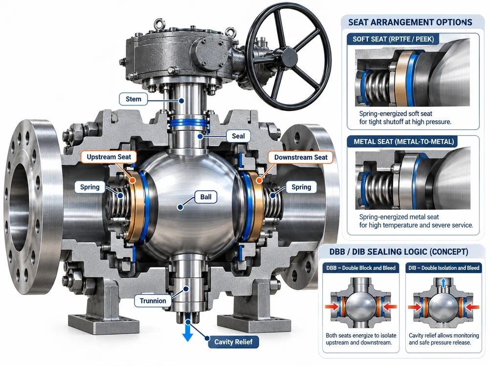 SPE and DPE seat sealing arrangements in high pressure trunnion ball valves