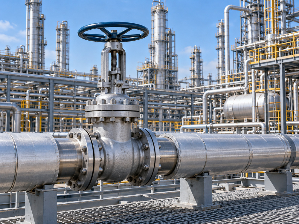 High temperature gate valve installed on a supported refinery process pipeline