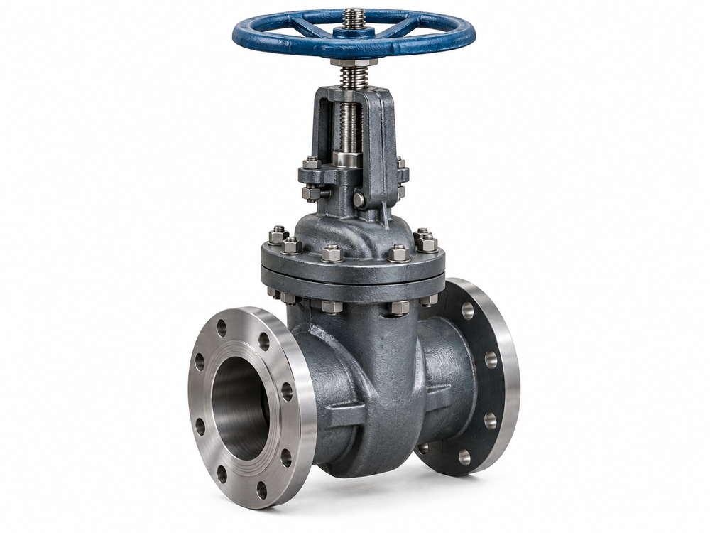 Metal seated rising stem gate valve with handwheel and flanged connections on a white background