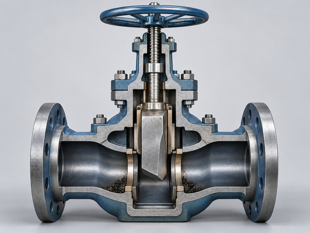 Conceptual gate valve cutaway showing the wedge seats and guides for deposit risk review