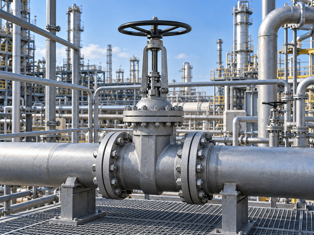 Refinery gate valve installation with stem travel clearance operator access and supported piping