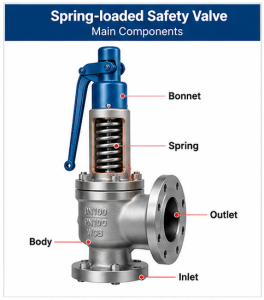 Spring-loaded safety valve structure showing the inlet, outlet, valve body, bonnet and spring for industrial steam pressure relief applications.