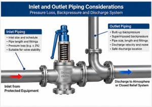 Industrial safety valve piping diagram illustrating inlet pressure loss, outlet backpressure and discharge system considerations.