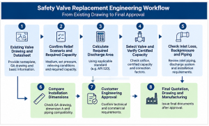 Safety valve replacement engineering workflow from existing valve drawings and capacity calculations to piping verification and final approval.