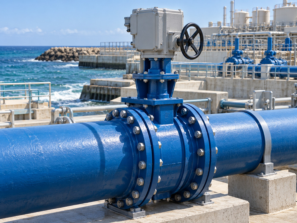Electric actuated seawater butterfly valve beside a coastal intake pipeline