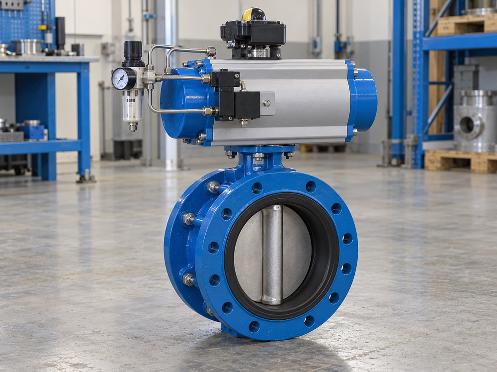 Pneumatic butterfly valve actuator with solenoid air regulator tubing and limit switch box