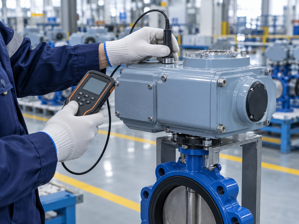 Inspector verifying coastal actuator coating thickness and assembled package records