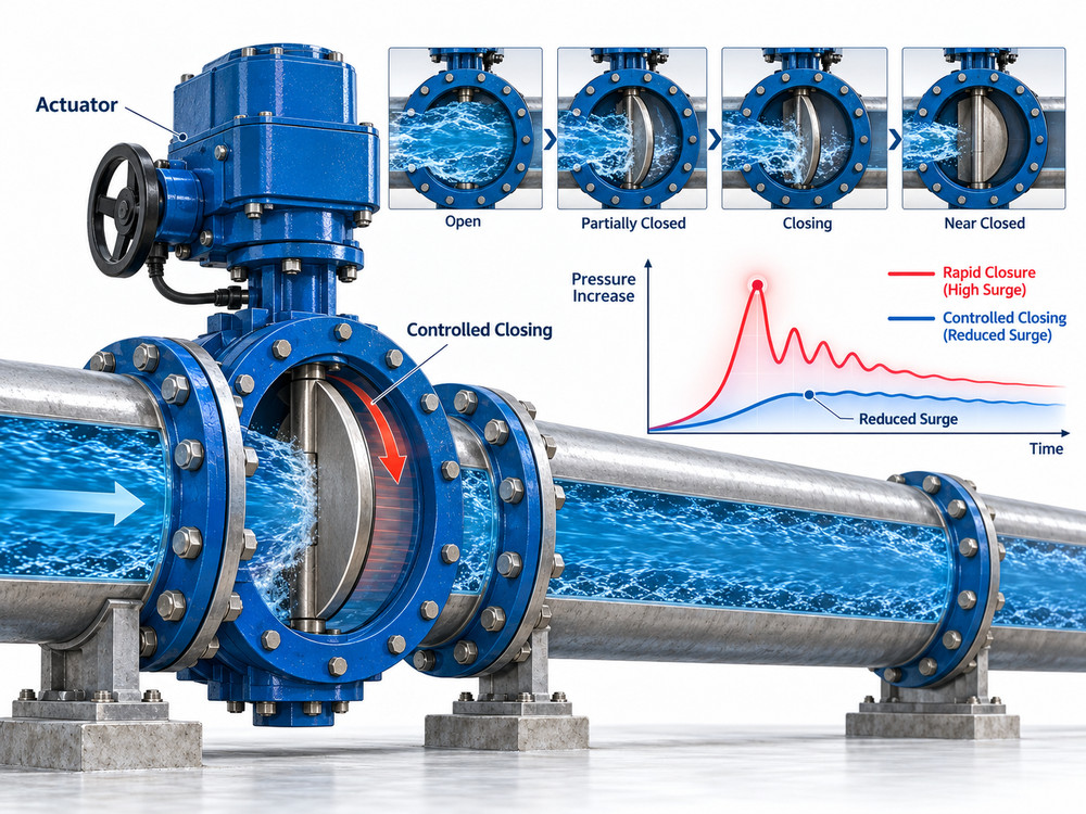 Butterfly valve actuator closing profile for water hammer prevention in a pump station